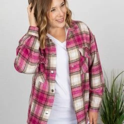 Michelle Mae LONG SLEEVES Molly Plaid Shacket - Pink And Tan