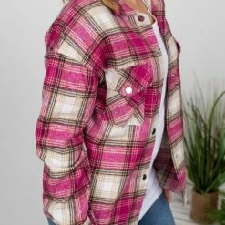 Michelle Mae LONG SLEEVES Molly Plaid Shacket - Pink And Tan