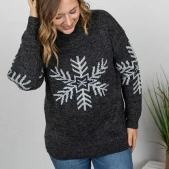 Michelle Mae LONG SLEEVES Winter Sweater - Charcoal Snowflake