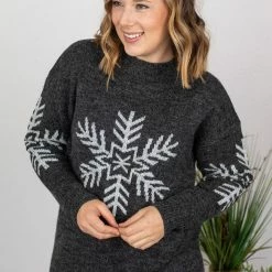 Michelle Mae LONG SLEEVES Winter Sweater - Charcoal Snowflake