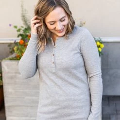Michelle Mae Harper Long Sleeve Henley - Light Grey
