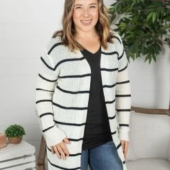 Michelle Mae Stripe Cardigan - Black And Ivory LONG SLEEVES
