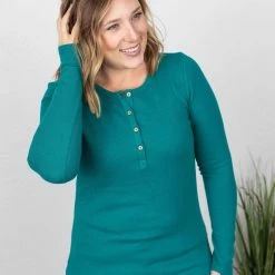 Michelle Mae LONG SLEEVES Harper Long Sleeve Henley - Teal