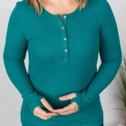 Michelle Mae LONG SLEEVES Harper Long Sleeve Henley - Teal