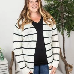 Michelle Mae Stripe Cardigan - Black And Ivory LONG SLEEVES