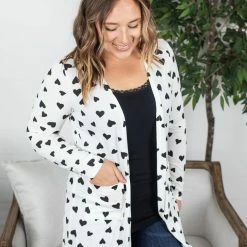 Michelle Mae Rachel Ribbed Cardigan - Black Hearts LONG SLEEVES