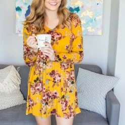 Rogue Society Apparel® LONG SLEEVES Mustard Floral Lounge Dress