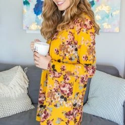 Rogue Society Apparel® LONG SLEEVES Mustard Floral Lounge Dress