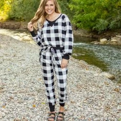 Rogue Society Apparel® Black And White Buffalo Plaid Lounge Set LONG SLEEVES