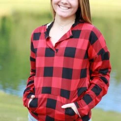 Rogue Society Apparel® Sadie Kangaroo Top | Red Buffalo Plaid LONG SLEEVES