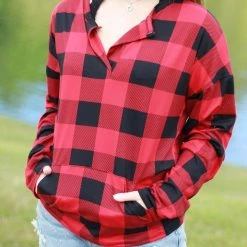 Rogue Society Apparel® Sadie Kangaroo Top | Red Buffalo Plaid LONG SLEEVES