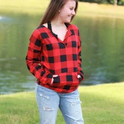 Rogue Society Apparel® Sadie Kangaroo Top | Red Buffalo Plaid LONG SLEEVES