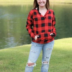 Rogue Society Apparel® Sadie Kangaroo Top | Red Buffalo Plaid LONG SLEEVES