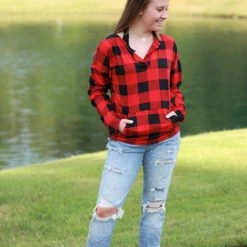 Rogue Society Apparel® Sadie Kangaroo Top | Red Buffalo Plaid LONG SLEEVES
