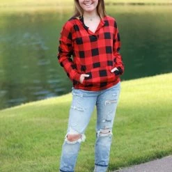 Rogue Society Apparel® Sadie Kangaroo Top | Red Buffalo Plaid LONG SLEEVES