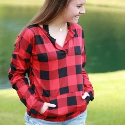 Rogue Society Apparel® Sadie Kangaroo Top | Red Buffalo Plaid LONG SLEEVES