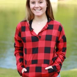 Rogue Society Apparel® Sadie Kangaroo Top | Red Buffalo Plaid LONG SLEEVES