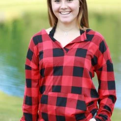 Rogue Society Apparel® Sadie Kangaroo Top | Red Buffalo Plaid LONG SLEEVES