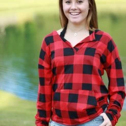 Rogue Society Apparel® Sadie Kangaroo Top | Red Buffalo Plaid LONG SLEEVES