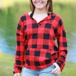 Rogue Society Apparel® Sadie Kangaroo Top | Red Buffalo Plaid LONG SLEEVES