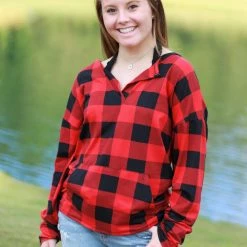 Rogue Society Apparel® Sadie Kangaroo Top | Red Buffalo Plaid LONG SLEEVES