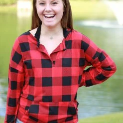 Rogue Society Apparel® Sadie Kangaroo Top | Red Buffalo Plaid LONG SLEEVES