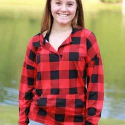 Rogue Society Apparel® Sadie Kangaroo Top | Red Buffalo Plaid LONG SLEEVES