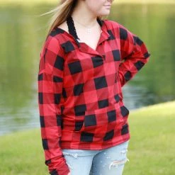 Rogue Society Apparel® Sadie Kangaroo Top | Red Buffalo Plaid LONG SLEEVES