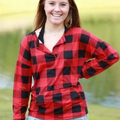 Rogue Society Apparel® Sadie Kangaroo Top | Red Buffalo Plaid LONG SLEEVES