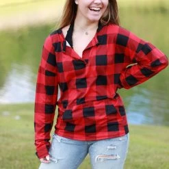 Rogue Society Apparel® Sadie Kangaroo Top | Red Buffalo Plaid LONG SLEEVES