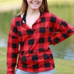 Rogue Society Apparel® Sadie Kangaroo Top | Red Buffalo Plaid LONG SLEEVES