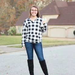Rogue Society Apparel® Sadie Kangaroo Top | Black And White Buffalo Plaid