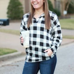 Rogue Society Apparel® Sadie Kangaroo Top | Black And White Buffalo Plaid