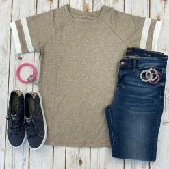 Michelle Mae Kylie Track Tee - Tan And White SHORT SLEEVES