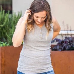 Michelle Mae Addison Henley Tank - Light Grey SHORT SLEEVES