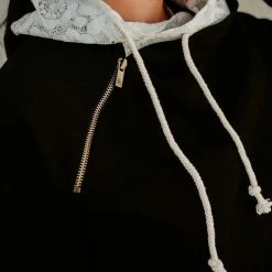 Ampersand Avenue LONG SLEEVES Lace Accent Doublehood- Black