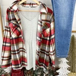 Michelle Mae Molly Plaid Shacket - Red And Tan LONG SLEEVES