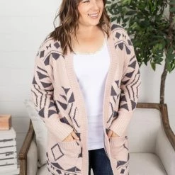 Michelle Mae Cozy Aztec Cardigan - Blush And Charcoal LONG SLEEVES