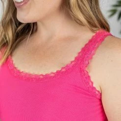 Michelle Mae SHORT SLEEVES Lexi Lace Tank - Hot Pink