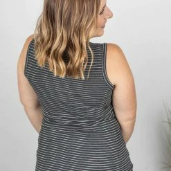 Michelle Mae Addison Henley Tank - Charcoal W/White Stripes SHORT SLEEVES