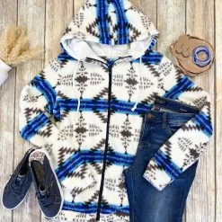 Michelle Mae Sherpa Fullzip Hoodie - Blue Aztec LONG SLEEVES