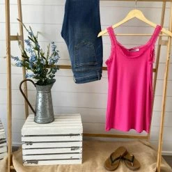 Michelle Mae SHORT SLEEVES Lexi Lace Tank - Hot Pink