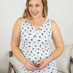 Michelle Mae Addison Henley Tank - Micro Blue Floral SHORT SLEEVES