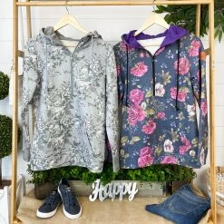 Michelle Mae Grey Floral HalfZip Hoodie LONG SLEEVES