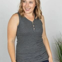 Michelle Mae Addison Henley Tank - Charcoal W/White Stripes SHORT SLEEVES