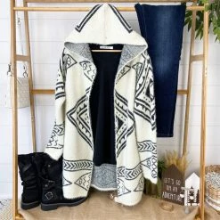 Michelle Mae Hooded Aztec Cardigan - Black And Cream