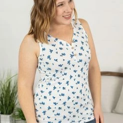 Michelle Mae Addison Henley Tank - Micro Blue Floral SHORT SLEEVES