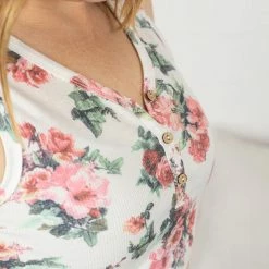 Michelle Mae SHORT SLEEVES Addison Henley Tank - White W/ Pink Floral