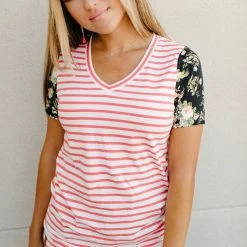 Ampersand Avenue SHORT SLEEVES Lulu Tee- Coral Stripe & Floral Accent