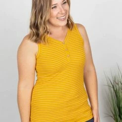 Michelle Mae Addison Henley Tank - Mustard W/White Stripes